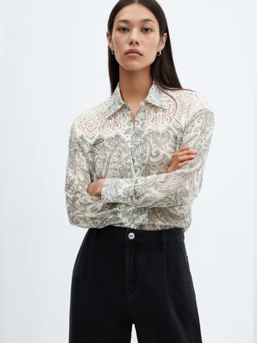 Mango Paisley-Print Lace-Detail Shirt